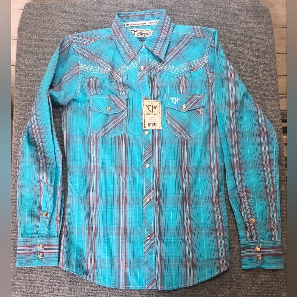 Cowgirl Hardware Women’s Small Turquoise Plaid Western Snap Shirt Bridle‎